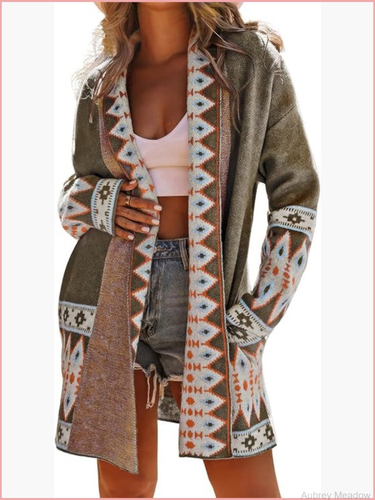 Aztec Print Open Front Chunky Knit Long Cardigan With Pockets
